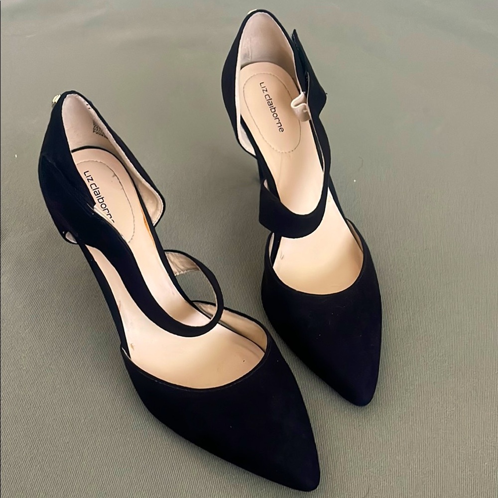 Liz Claiborne Black  color suede, Pointed-Toe Ankle-Strap  size 7” womens Pumps